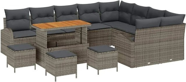 vidaXL Garten-Sofa-Set aus Poly-Rattan und Akazie in Grau mit 13 Teilen, inklusive Kissen und Stauraumfunktion - Bild 1