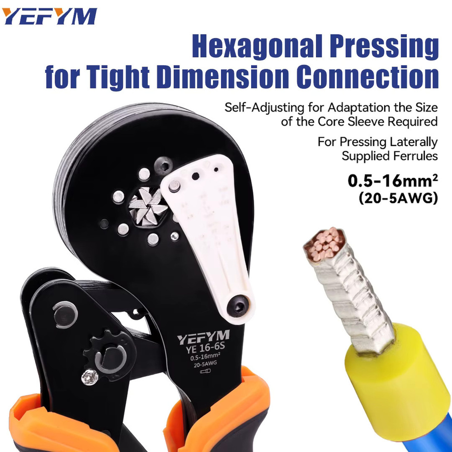 YEFYM Aderendhülsen-Crimpzange YE 16-6S für 0,5-16mm²/20-5AWG Mini-Crimpwerkzeug mit Kabelschuhhalter - Bild 3