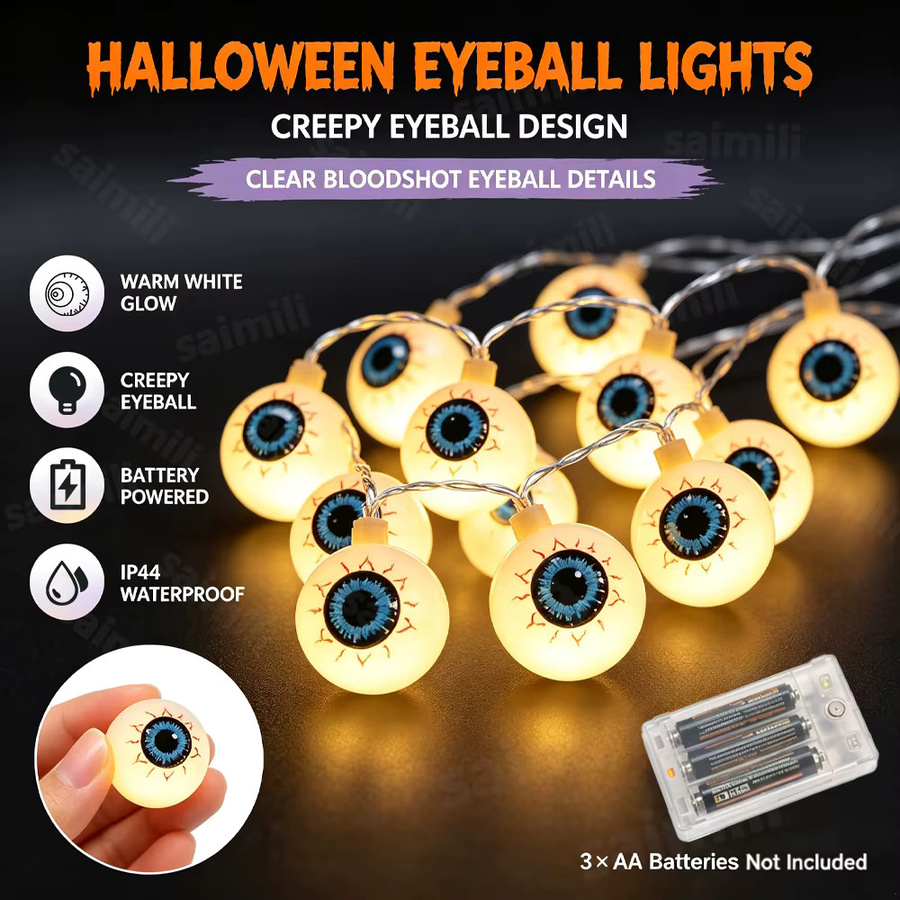 Batteriebetriebene Halloween-LED-Lichterkette mit Augapfel-Motiv in Weiß und Warmweiß für deine Spukhaus-Dekoration - Bild 3