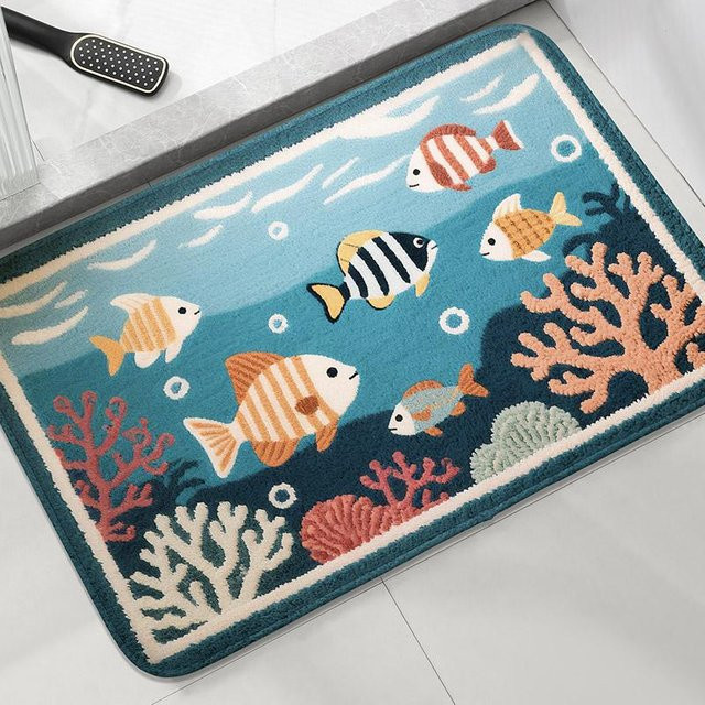 Anti-Rutsch-Badezimmermatte mit Cartoon-Fisch-Design, saugfähig und maschinenwaschbar, B/B: 40 x 60 cm, Mehrfarbig - Bild 1