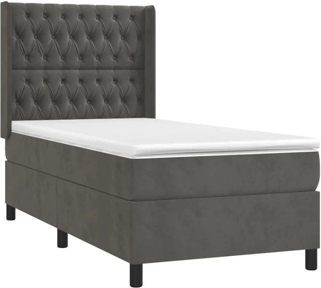 vidaXL Boxspringbett mit Matratze in Dunkelgrau, Hybridbett mit LED-Unterbettbeleuchtung und USB-Ladeport, Samt, B/T/H: 90 x 190 x 118 cm - Bild 1