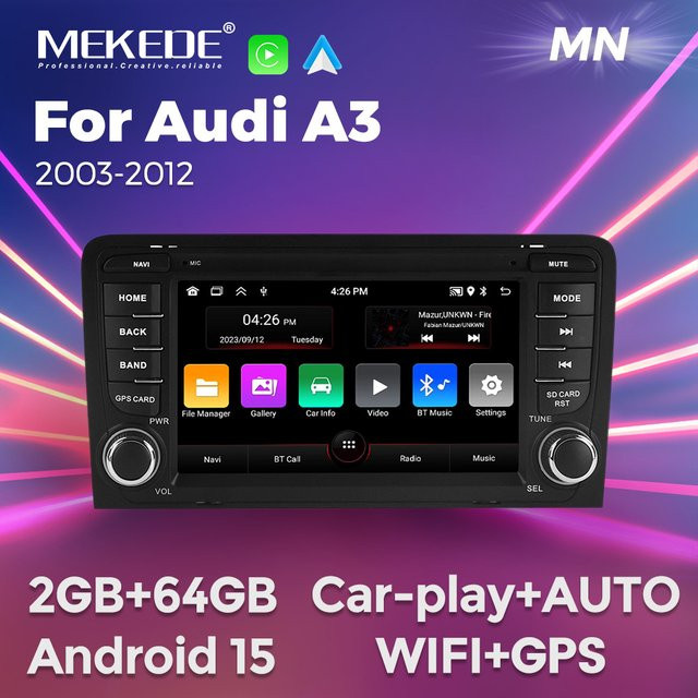 MEKEDE Android Autoradio mit Carplay und 7 Zoll Bildschirm für Audi A3 8P 2003-2011 S3 RS3 Sportback, 2GB RAM + 64GB Speicher, Schwarz, mit WIFI und GPS - Bild 1