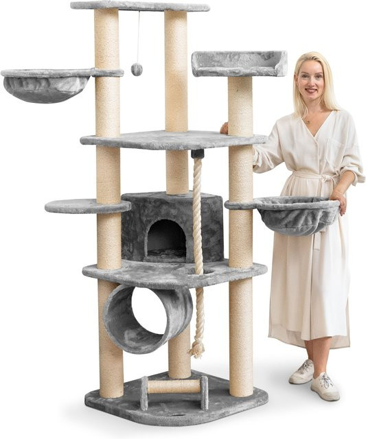 HAPPYPET Kratzbaum für Katzen in Grau mit Haus, Spieltunnel, Liegemulden und Kratzrolle, Höhe: 181 cm - Bild 1