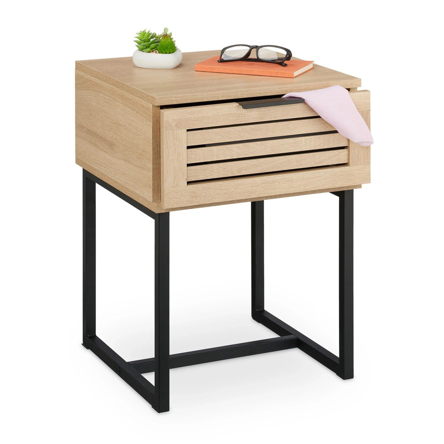 Relaxdays Nachttisch aus Holzwerkstoff und Eisen in Schwarz und Natur mit Schublade und Lamellen-Front, B/T/H: 55,5 x 40 x 41,5 cm - Bild 2
