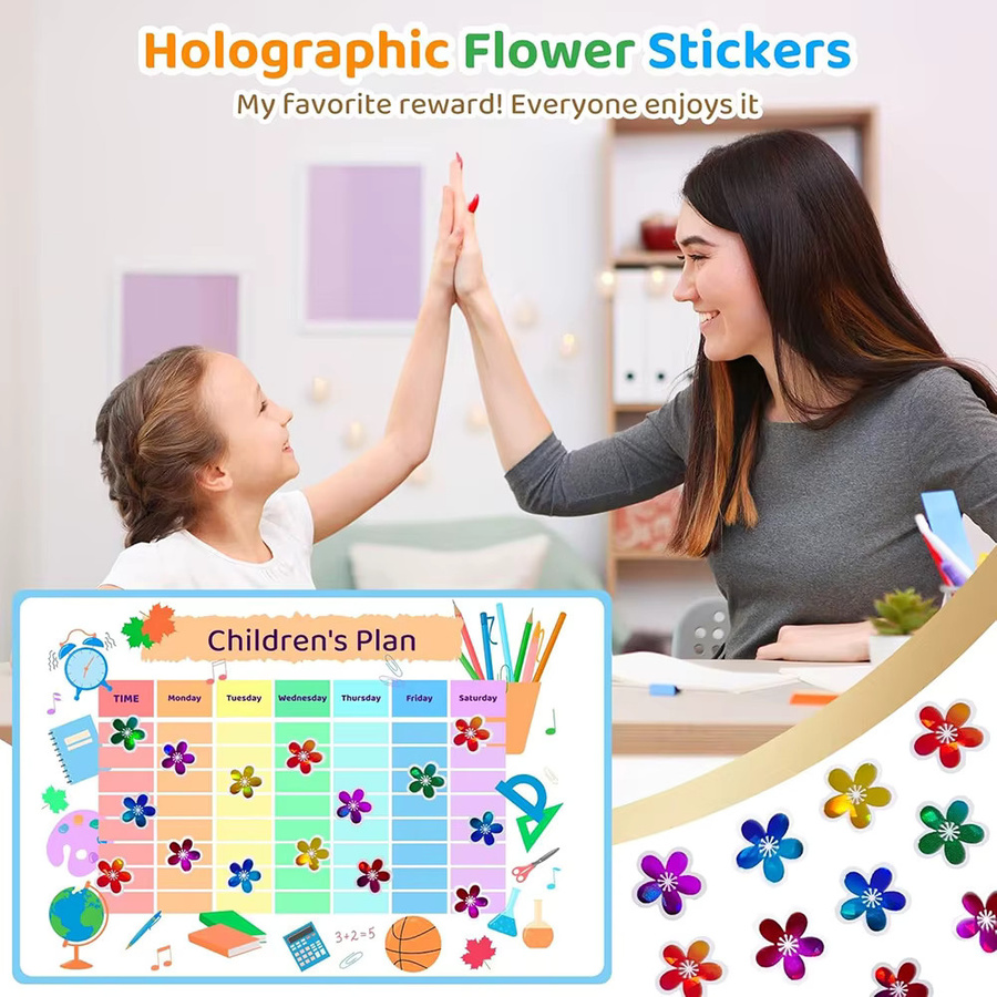 Holografische Belohnungsaufkleber in Multicolour mit Sternen, Blumen und Herzen für Kinder und Schüler, 480 bis 1620 Stück selbstklebende Sticker aus Papier - Bild 2