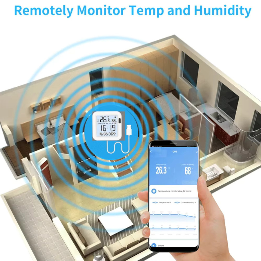 IOT Easy Tuya WiFi Smart Temperatur- und Feuchtigkeitssensor mit Echtzeit-Display und Hintergrundbeleuchtung in Weiß, kompatibel mit Alexa und Google Assistant - Bild 2