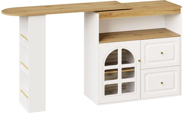 Merax 360 Grad drehbarer Bartisch in Weiß mit Glasplatte, 2 Schubladen und ausziehbarer Tischplatte, B/T/H: 104 x 60 x 66 cm - Bild 1