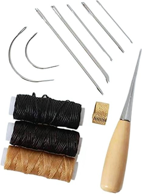 TOMTOP 12-teiliges Leder-Handwerkswerkzeug-Set in Multicolour mit Nähnadeln, gewachstem Faden, Kordel, Nähahle und Fingerhut für DIY-Projekte - Bild 1