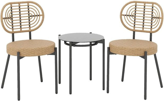 Costway Rattan Gartenmöbel Set in Schwarz-braun mit 2 Stühlen und 1 Tisch aus PE-Rattan und Metall mit temperiertem Glas - Bild 1