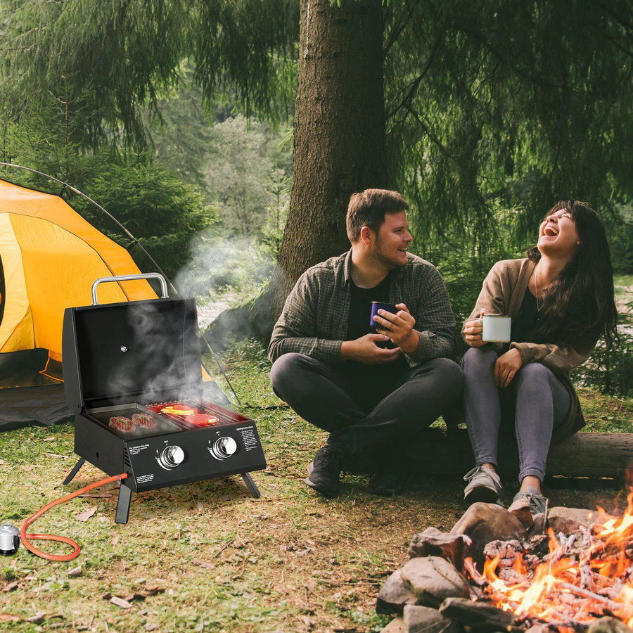 Faltbarer Gasgrill mit 2 Brennern und Thermometer aus Kohlenstoffstahl in Schwarz, B/T/H: 55 x 46,5 x 41 cm - Bild 4