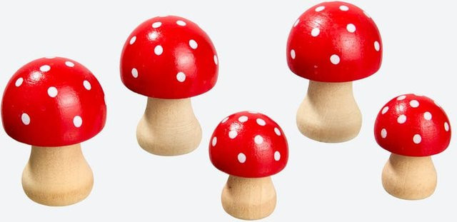 NKD Deko-Pilze aus Kiefernholz in Rot mit weißen Punkten, 5er-Pack - Bild 1