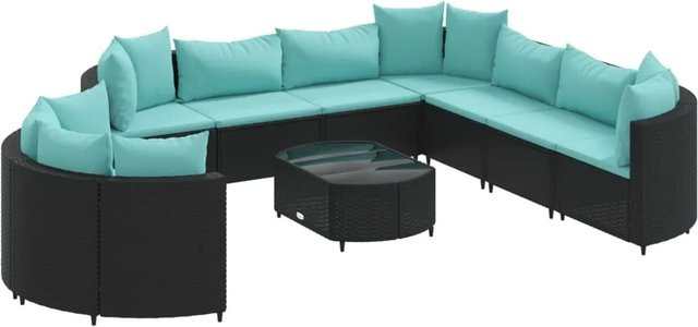 vidaXL 10-tlg Garten-Sofagarnitur aus Poly Rattan mit Kissen in Schwarz und Blau - Bild 1