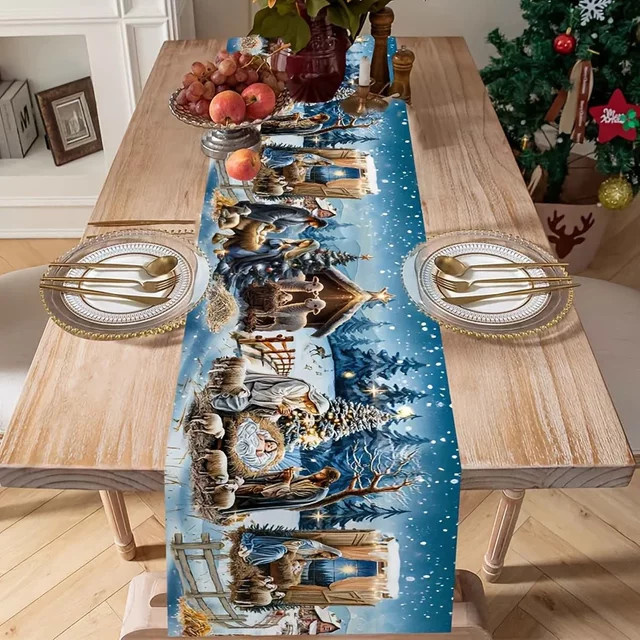 Tischläufer-Set aus Leinen mit Winter Christian Prayer Town Motiv in Blau - Bild 1