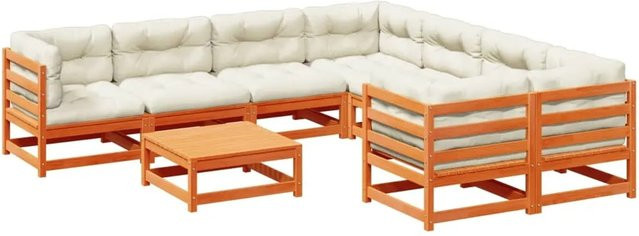 vidaXL 9-tlg Garten-Sofagarnitur aus Kiefernholz in Wachsbraun mit Polstern und Ottoman in L-Form - Bild 1
