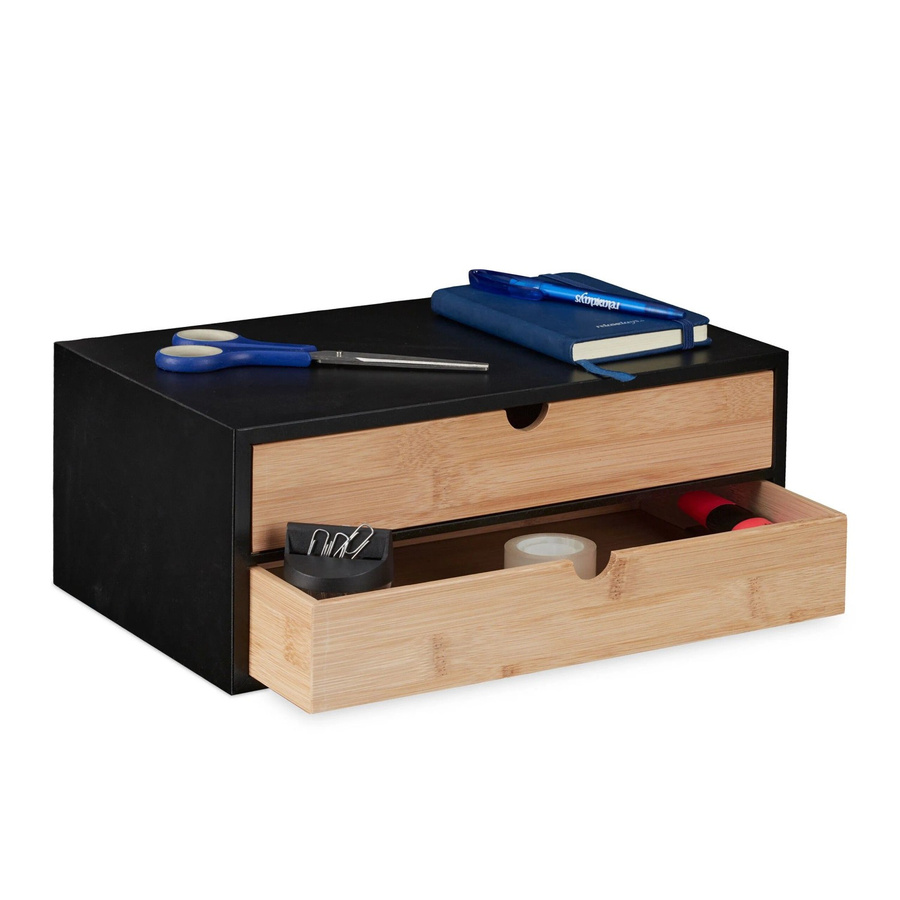 Relaxdays Schubladenbox aus Bambus und MDF in Schwarz und Natur mit 2 Schubladen B: 33 cm, T: 14 cm, H: 21 cm - Bild 2