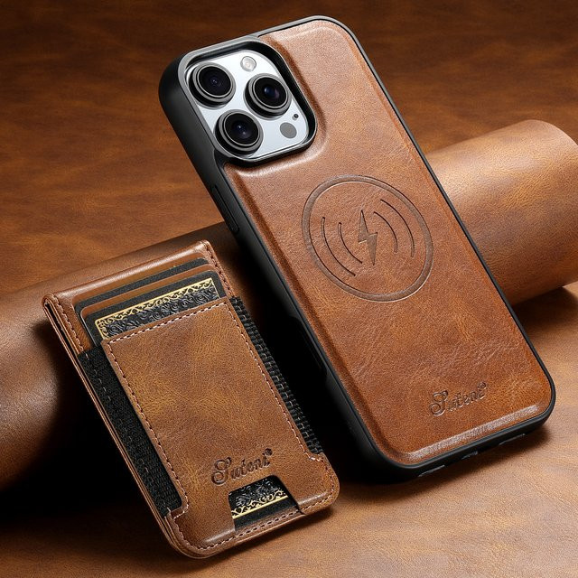 SUTENI Kunstleder Handyhülle mit Magnet-Kartenhalter und Ständer für iPhone 17 Pro Max 16 Plus 15 14 13 12 in Beige mit kabellosem Laden - Bild 1