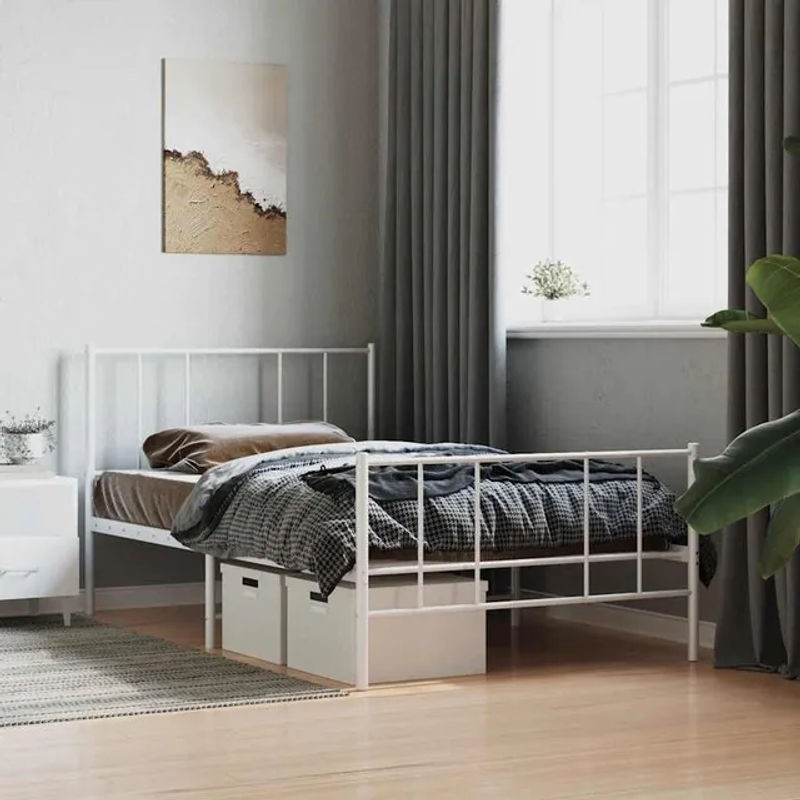 Vidaxl Metall-Bettgestell mit Kopfteil und Fußteil in Weiß, B/L: 90 x 190 cm - Bild 1