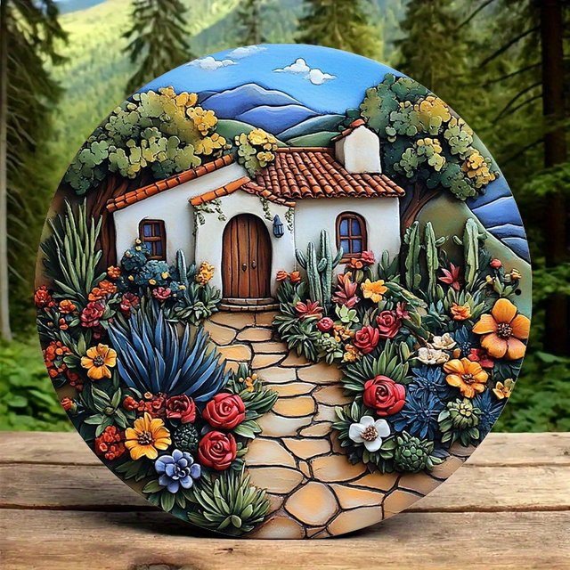 Runde Wandkunst aus Aluminium von Potdemiel mit mediterranem Hausmotiv, Kakteen und Blumenmuster in Multicolour, Durchmesser: 20 cm - Bild 1