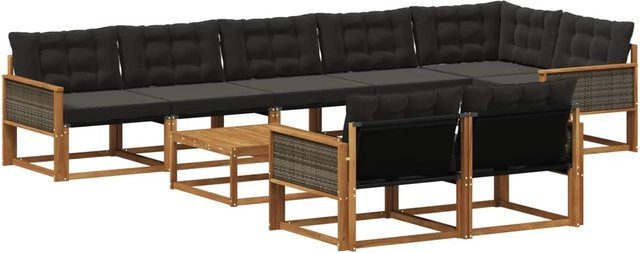 vidaXL Outdoor-Sofagarnitur L-Form aus massivem Akazienholz mit 9 Textilene-Kissen in Schwarz und Natur - Bild 1