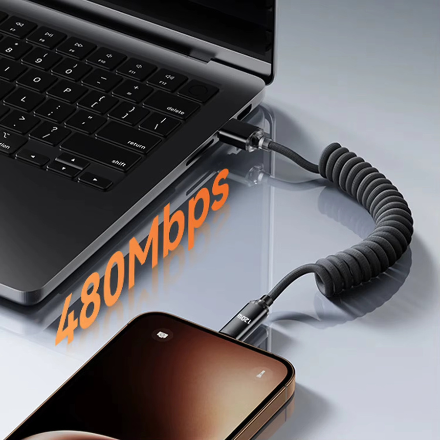 VBNM USB-C auf Typ-C Schnelllade-Spiralkabel 120W, einziehbares Kfz-Ladekabel in Schwarz für iPhone 17/16/15, Samsung und Xiaomi - Bild 5