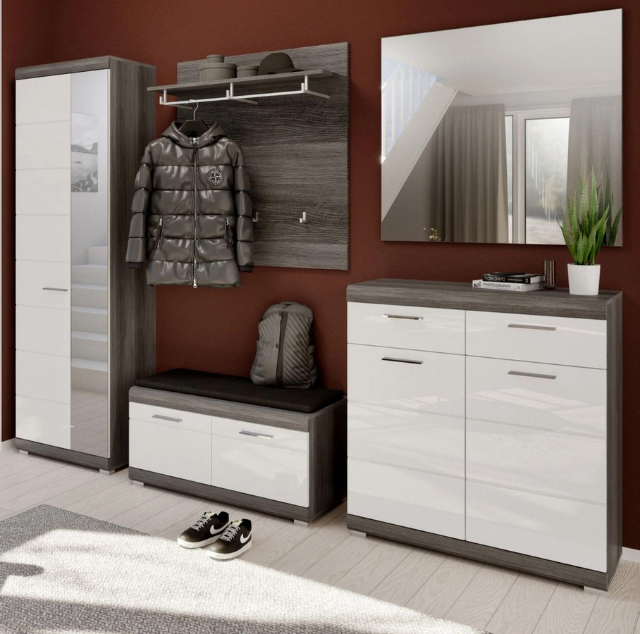 Inn.Furn Garderoben-Set Shawn 5-teilig in Weiß Hochglanz und Grau mit Schuhschrank, Sitzbank, Spiegel und Wandpaneel, B/T/H: 197 x 40 x 272 cm - Bild 2