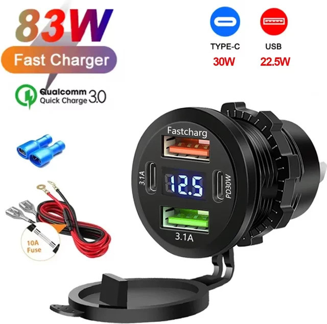 Velev 83W Dual USB Auto Ladegerät mit Dual PD und Dual QC 3.0, USB-C, Voltmeter und wasserdichter Steckdose für 12V/24V, Schwarz - Bild 1