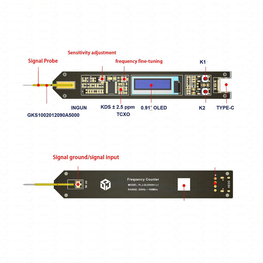 Dykbcells Digitaler Frequenzzähler mit OLED-Display und Stiftsonde für RF-Signalmessungen von 200 Hz bis 100 MHz - Bild 2