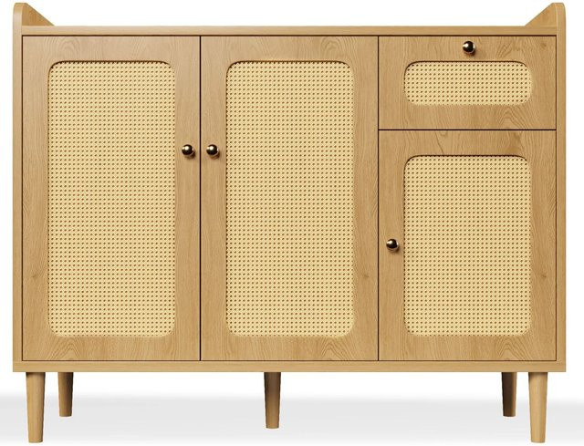 Merax Sideboard Eiche mit Rattan-Design, Kommode mit 3 Türen und Schublade, Farbe: Eiche/Beige/Braun, Breite: 120 cm - Bild 1