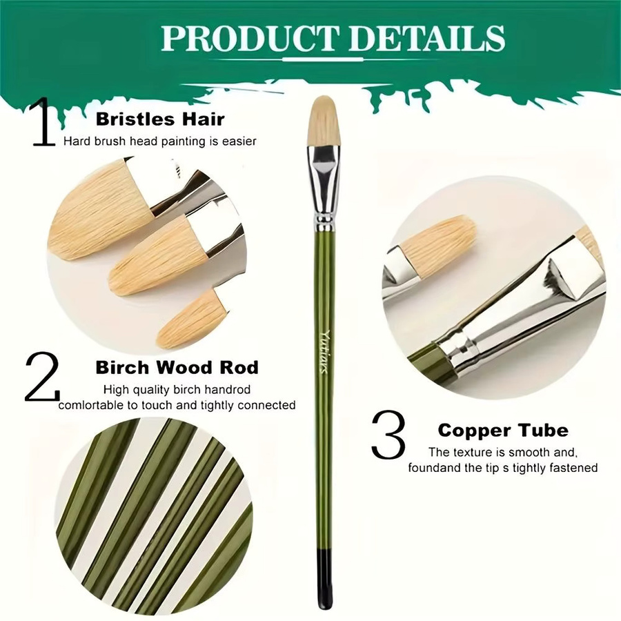 6-teiliges professionelles Haselnuss-Pinsel-Set von Yutiars mit natürlichen Chungking-Schweineborsten und langen Holzgriffen in Grün für Öl- und Acrylmalerei - Bild 3