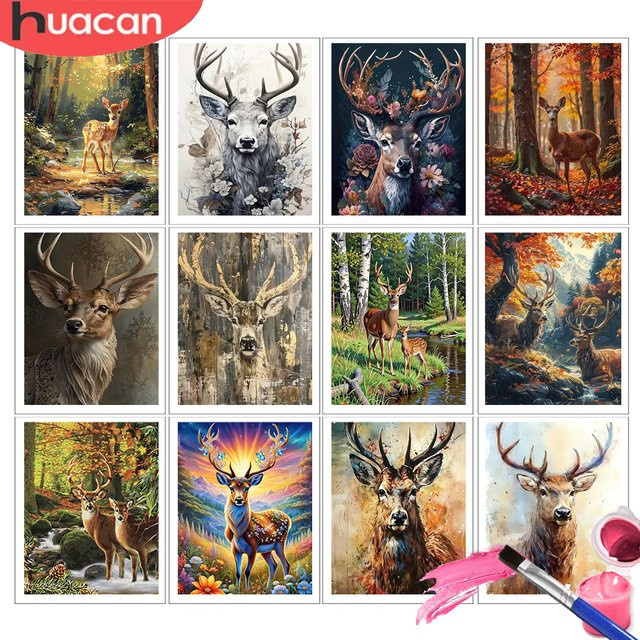 HUACAN Malen-nach-Zahlen-Set Hirsch, Mal- und Zeichenset, Leinwand, Bunt - Bild 1