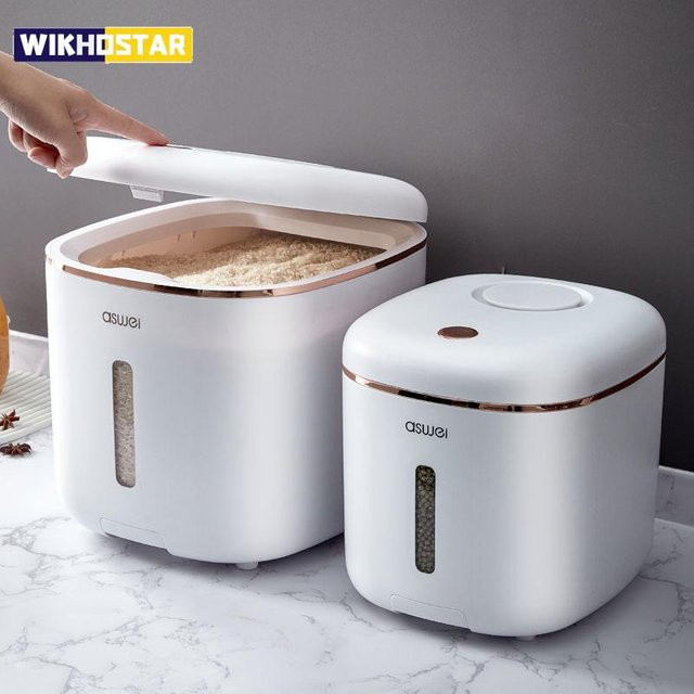 WIKHOSTAR Home Lebensmittel-Aufbewahrungsbehälter in Weiß, feuchtigkeitsbeständiger Reisbehälter und Mehl-Organizer mit Messbecher, 10 kg - Bild 1