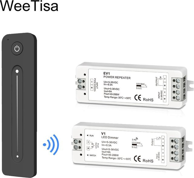 WeeTisa LED-Dimmer Verstärker mit 2,4g Wireless RF Touch Remote für einfarbige LED-Streifen, PWM Helligkeitseinstellung, 5V 12V 24V 36V 8A - Bild 1