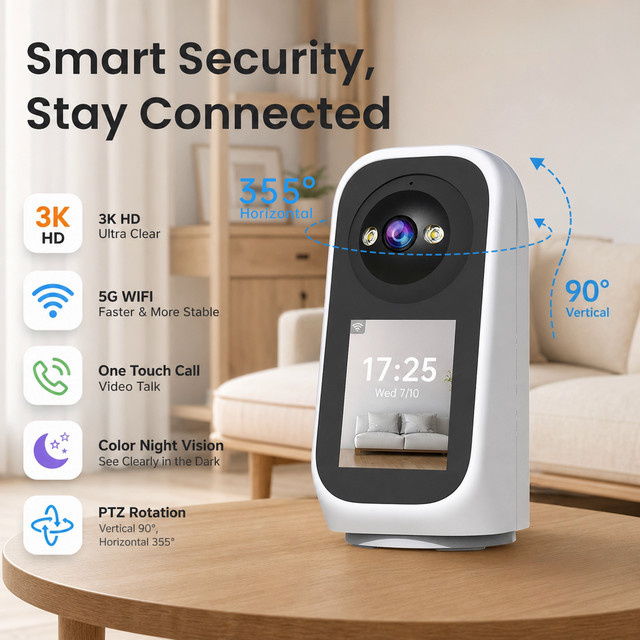 Jooan 3K PTZ IP-Kamera mit 2,8-Zoll-LED-Bildschirm, Babyschrei-Erkennung, KI-Tracking und Videoanruf, Weiß - Bild 1