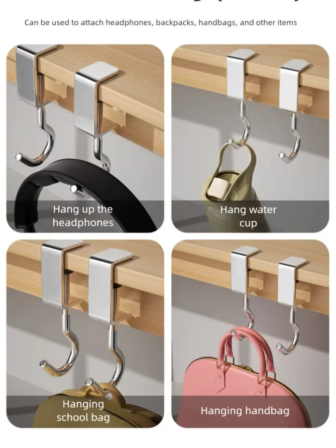Robuster Schreibtischhaken aus Eisen in Silber, platzsparender Rucksackbügel und Taschen-Organizer für Schreibtische ohne Bohren - Bild 6