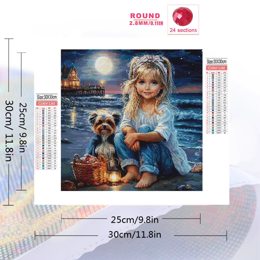 Momoart 5D DIY Diamantmalerei Mädchenporträt mit Cartoon-Hund als Runddiamant Mosaik-Set in Mehrfarbig zur Wanddekoration - Bild 2