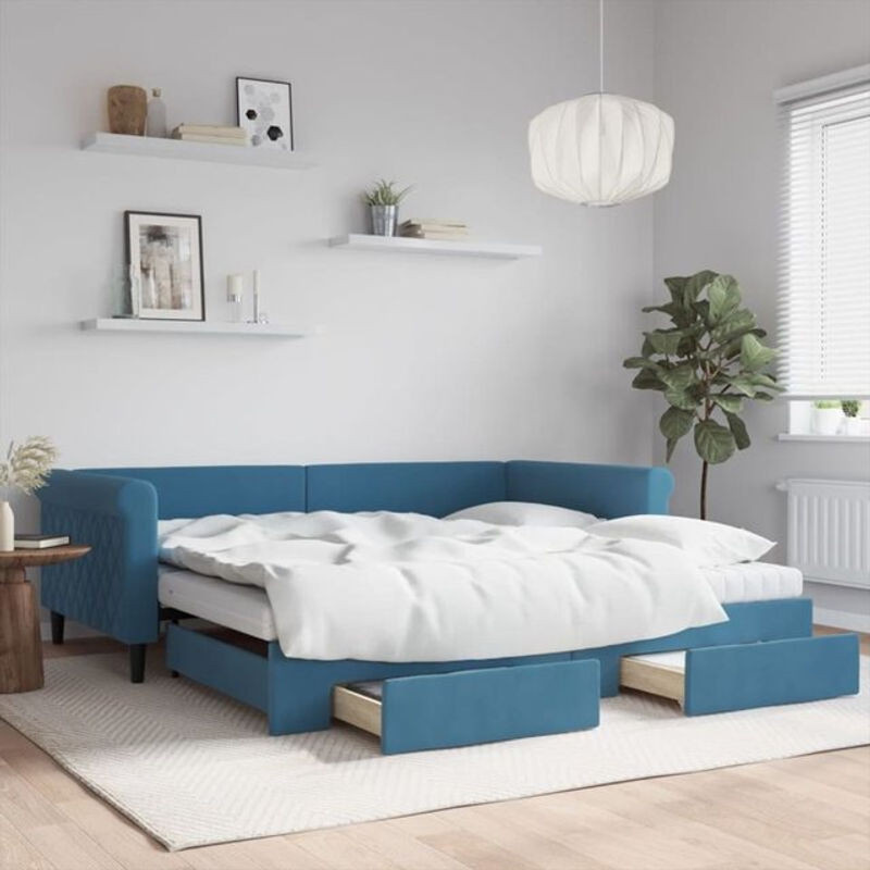 Vidaxl Funktionsbett aus Samt und Holz als ausziehbares Tagesbett mit Schubladen in Blau, B/T/H: 100 x 200 cm - Bild 1
