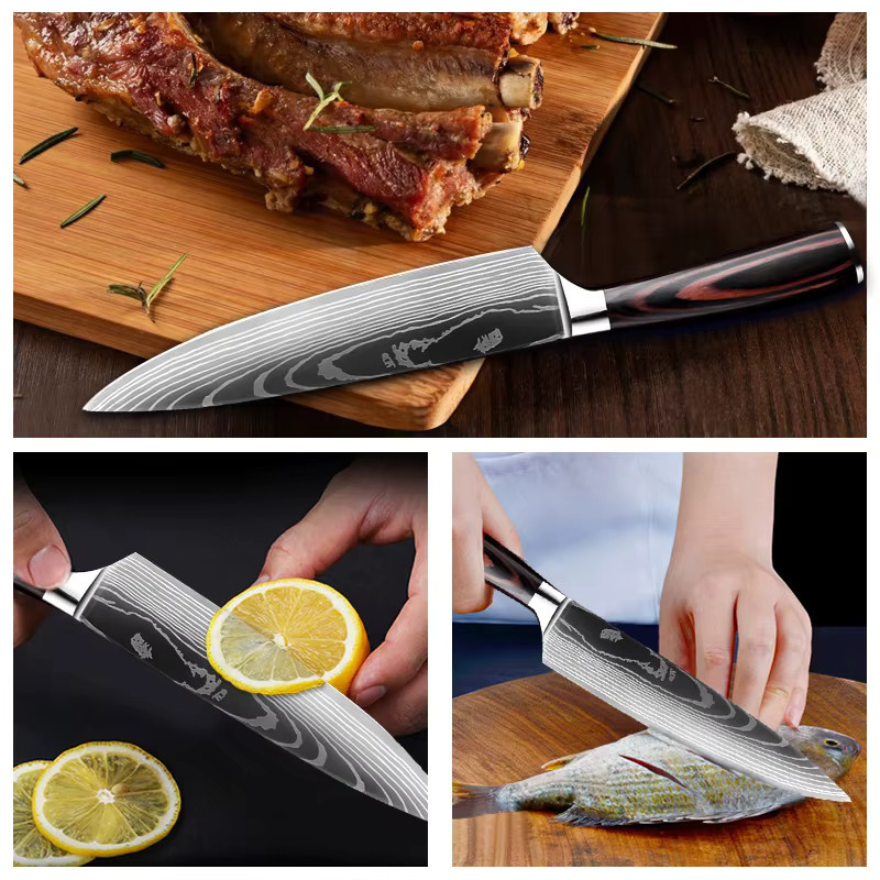 InLeung Professionelles Damast-Küchenmesser mit Holzgriff zum Schneiden von Brot, Fleisch und Obst - Bild 3