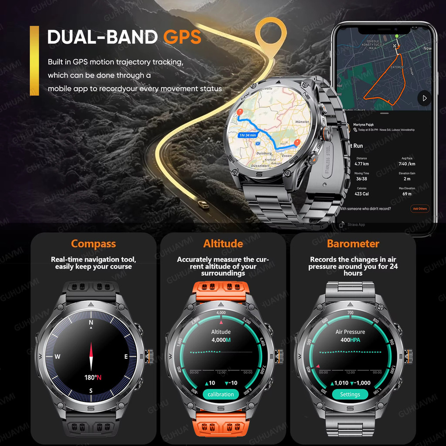 KENPANG Smartwatch, GPS, 1,75", Edelstahl, Schwarz, Herren - Bild 2