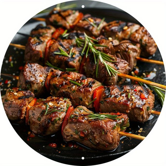 HELLOYOUNG Metallschild Steakspieß Motiv rund, modernes Wandschild für Küche und Restaurant, Durchmesser: 20 cm, Mehrfarbig - Bild 1