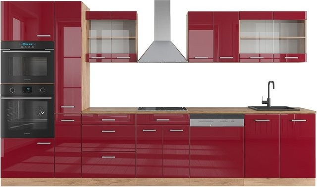 Vicco R-Line Küchenzeile in Bordeaux Hochglanz und Eiche mit Hochschrank, Breite: 350 cm - Bild 1