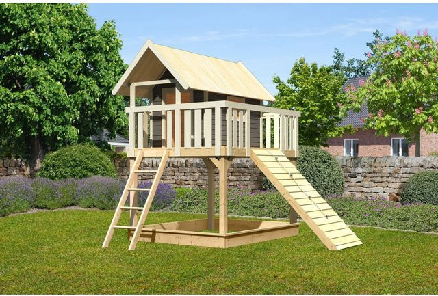 Karibu Stelzenhaus Fidel Holzrampe in Terragrau, B/H/T: 198 x 329,5 x 243 cm - Bild 1