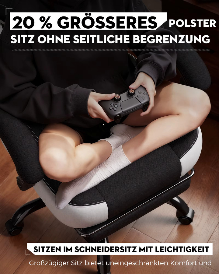 LUCKRACER Gaming Stuhl in Schwarz mit verbundenen Armlehnen, Memory-Schaum-Kissen, Fußstütze und verstellbarem Neigungswinkel von 90–155 Grad - Bild 2