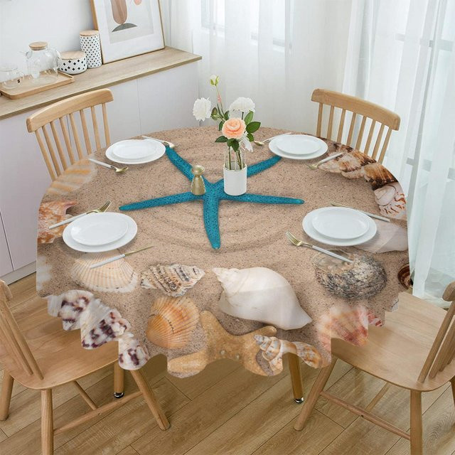 Runde wasserdichte Tischdecke mit Strand Motiv Seestern und Muschel von A Family Of Home Textiles, Set aus 1 Tischdecke und 4 Tischsets, B/T: 84 x 122 cm - Bild 1