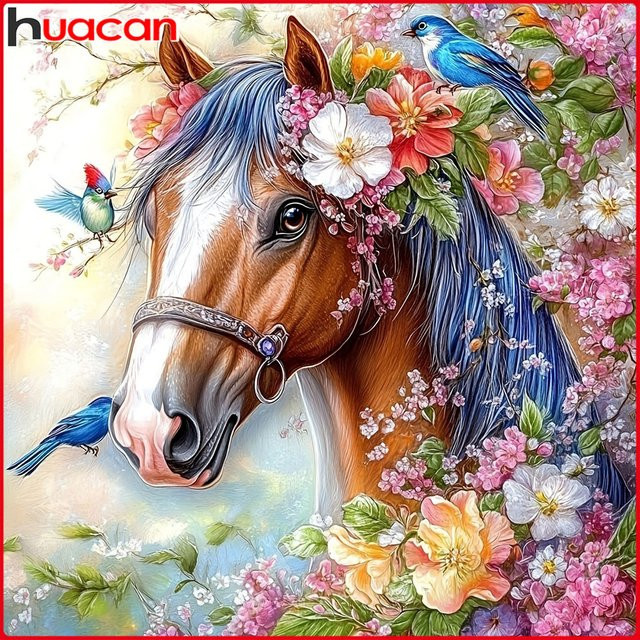 Huacan Diamantgemälde Set mit Pferd und Blumen in Mehrfarbig, Diamantmosaik Illustration für Erwachsene, Breite: 20 cm, Höhe: 20 cm - Bild 1