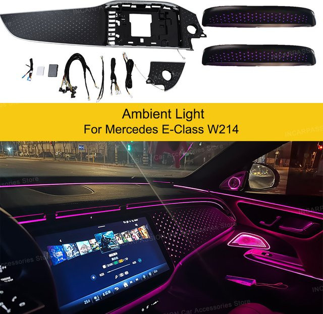 Ambientebeleuchtung für Mercedes E-Klasse W214 mit beleuchtetem Armaturenbrett, 4D-Rotations-Hochtönern und 4-türigen LED-Lautsprecherabdeckungen - Bild 1