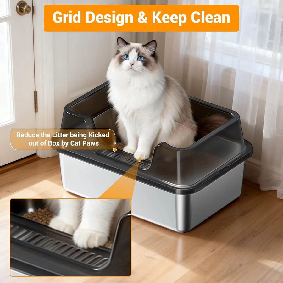 Garvee Hochwandige Katzentoilette aus Edelstahl in Schwarz mit Gitterdesign, B/T/H: 50 x 35 x 27 cm - Bild 2