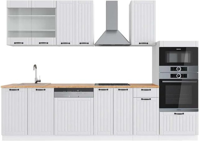 Vicco Fame-Line Küchenzeile im Landhausstil in Weiß mit Hochschrank in Eiche, Breite: 300 cm - Bild 1