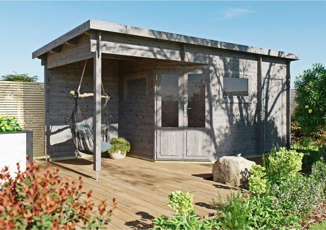Fjordholz Gartenhaus Modell Leva 2E aus Holz in Grau, 5-Eck Log Cabin mit Fenstern und Schloss - Bild 1