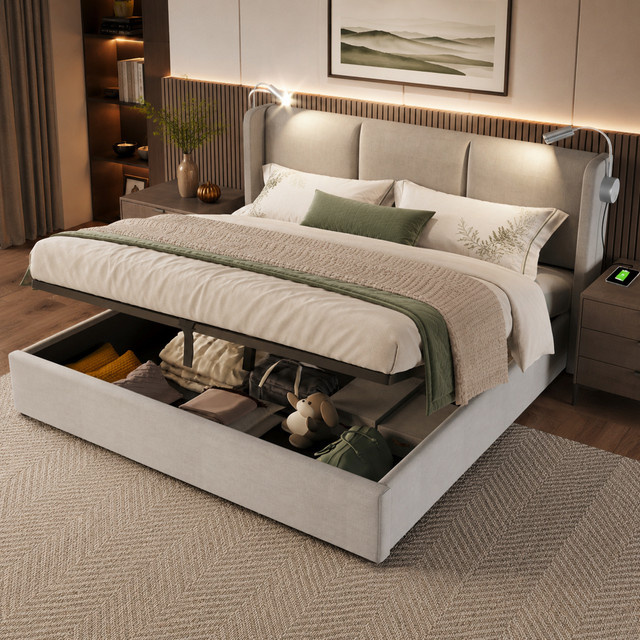 MEXUS Polsterbett für Teenager mit Stauraum und integrierter Leselampe in Beige, B/T: 160 x 200 cm - Bild 1