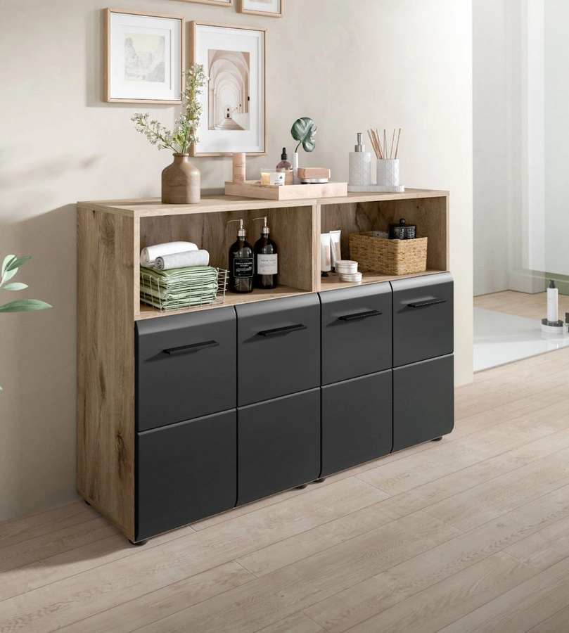Badezimmer Kommode Set Cover in Schwarz und Eiche, bestehend aus Waschtischunterschrank und Seitenschrank, B/T/H: 120 x 80 x 30 cm - Bild 3